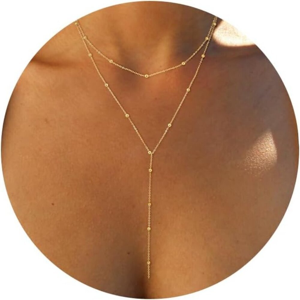 Women's Gold  Long Y-Shaped Pendant Beaded Chain Drop Simple Gold Jewelry
